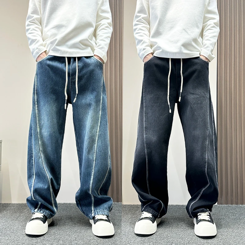 美式高街拼接条纹加绒牛仔裤男款秋冬季宽松阔腿裤痞帅潮牌直筒裤