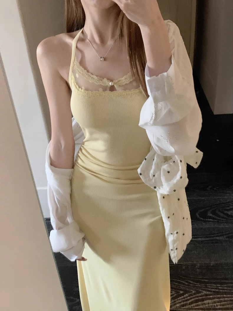 8760夏季新款纯欲辣妹蕾丝挂脖设计感无袖修身收腰包臀长款连衣裙