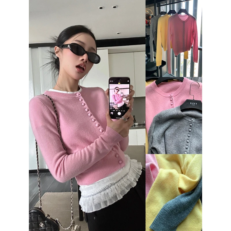 左边女装长袖开衫上衣2025春季新款精致包扣100%全羊毛针织衫