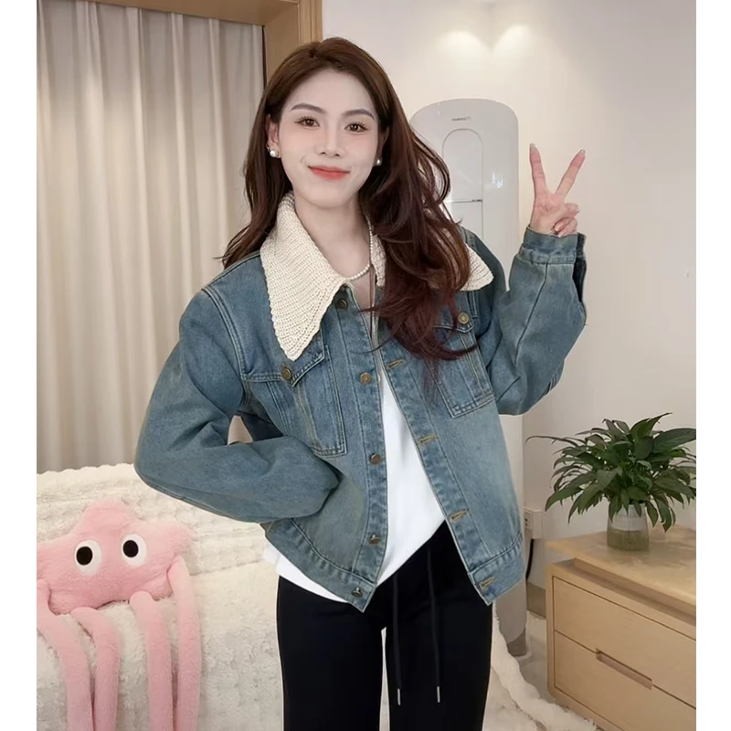 拼接小香风假两件牛仔外套女2025新款加绒百搭设计感派克服n2025#