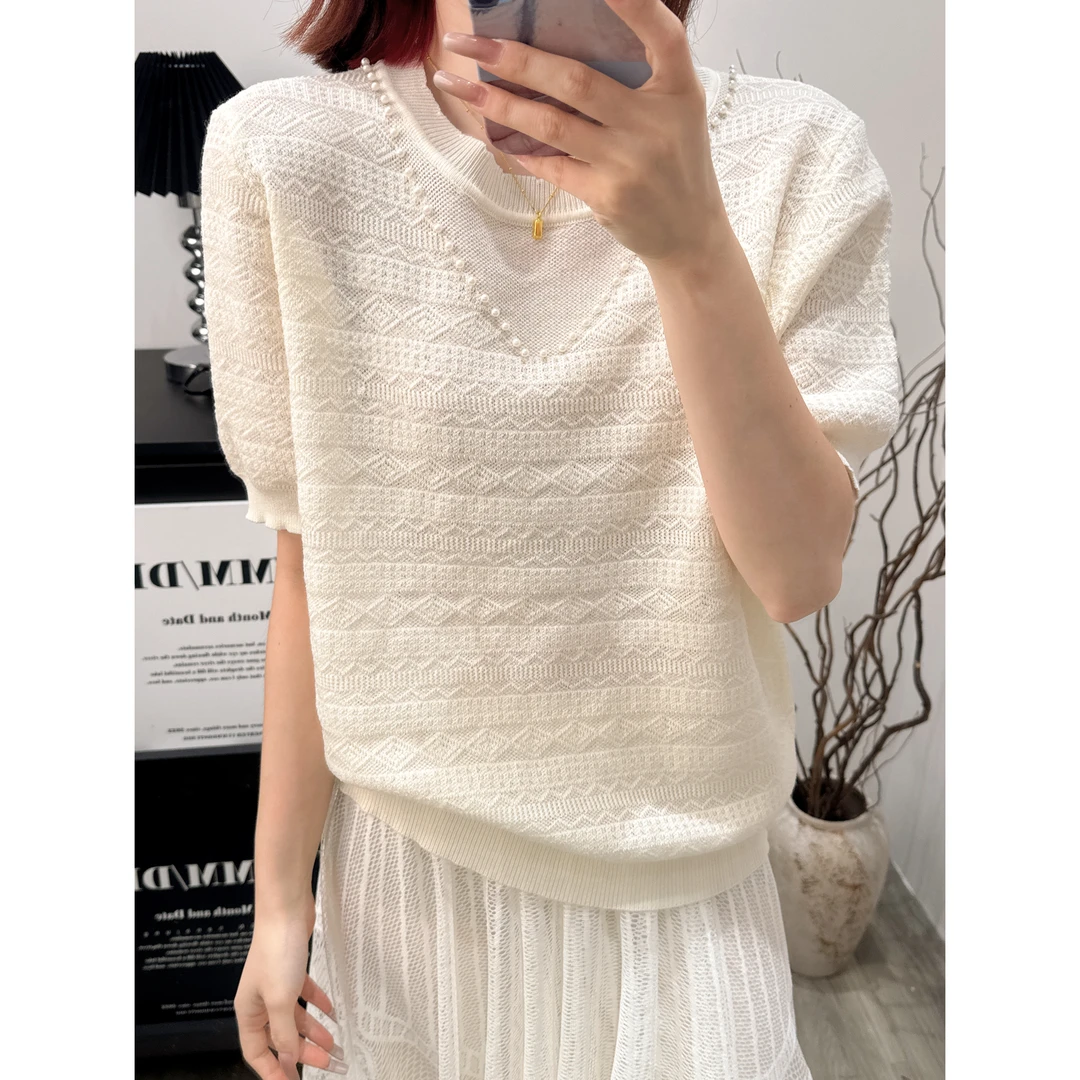 Y183夏季针织衫高级短袖新款钉珠短袖薄款上衣Y184