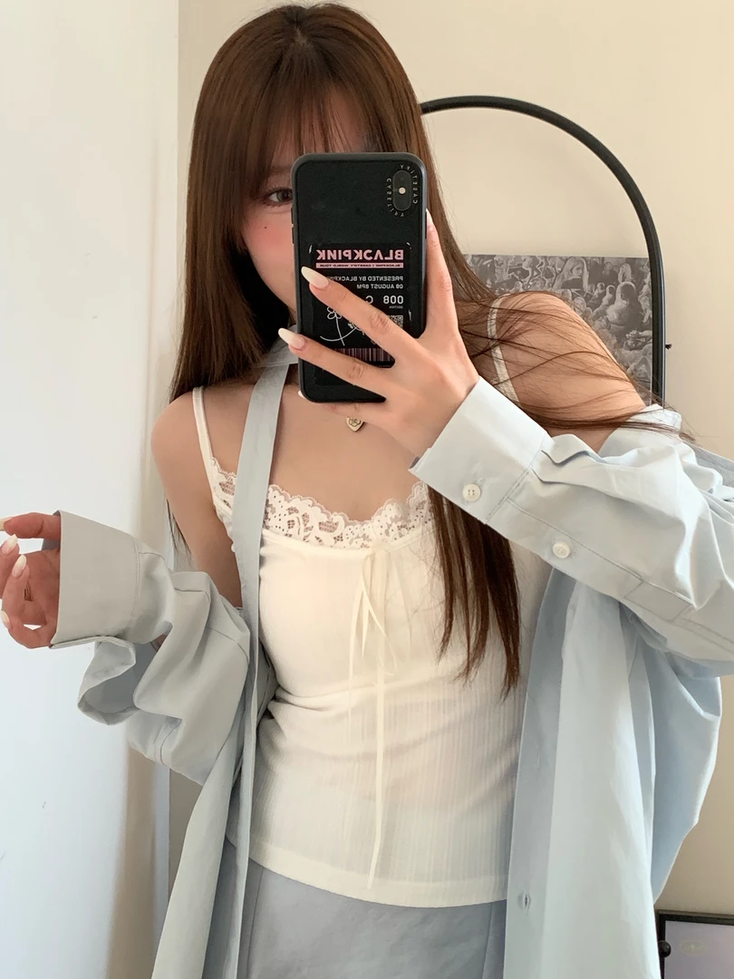 vuillard【薄荷花藤Mint】春日少女感绑带蕾丝拼接设计感吊带上衣