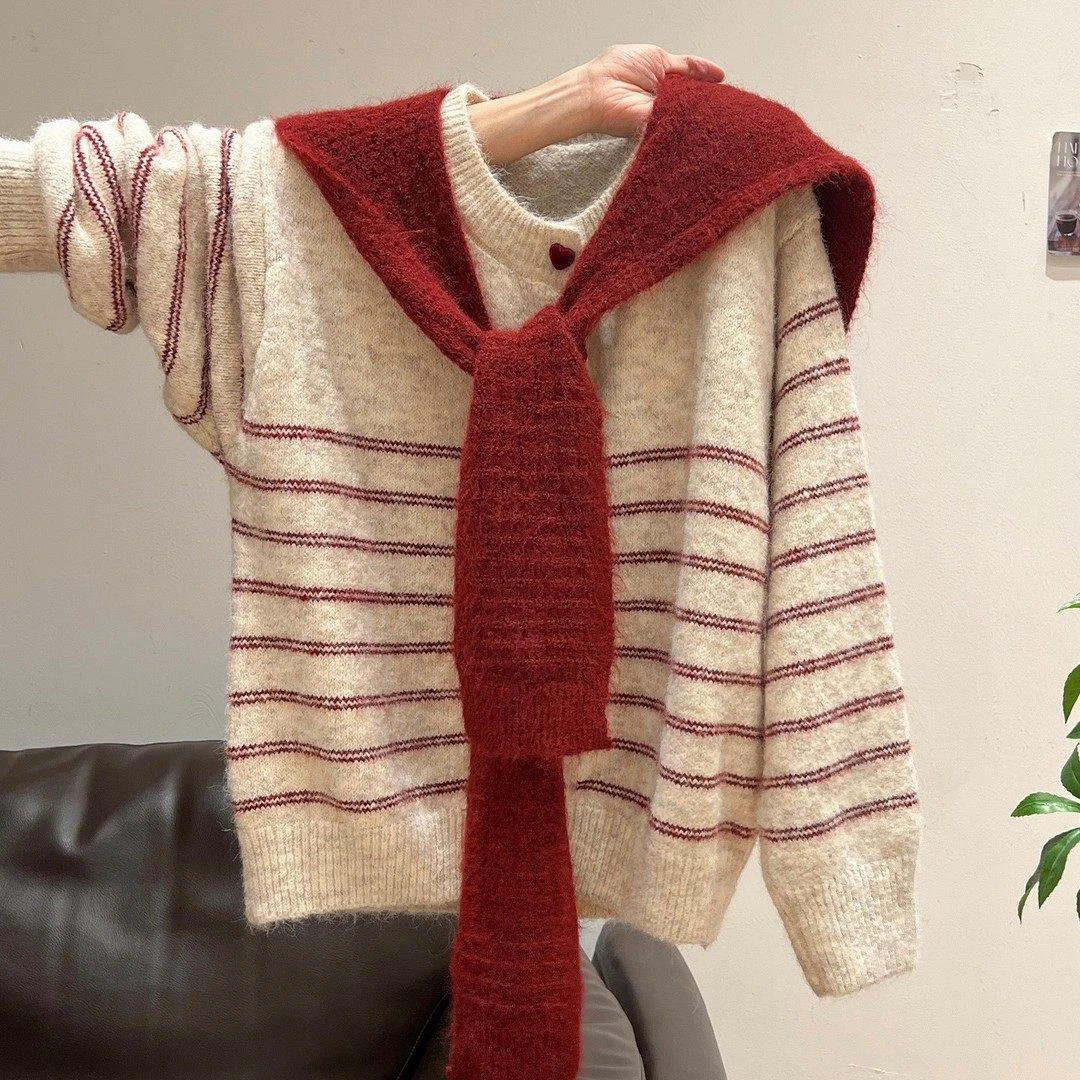 韩系慵懒风秋冬穿搭条纹披肩加厚毛衣外套2025年宽松开衫两件套女