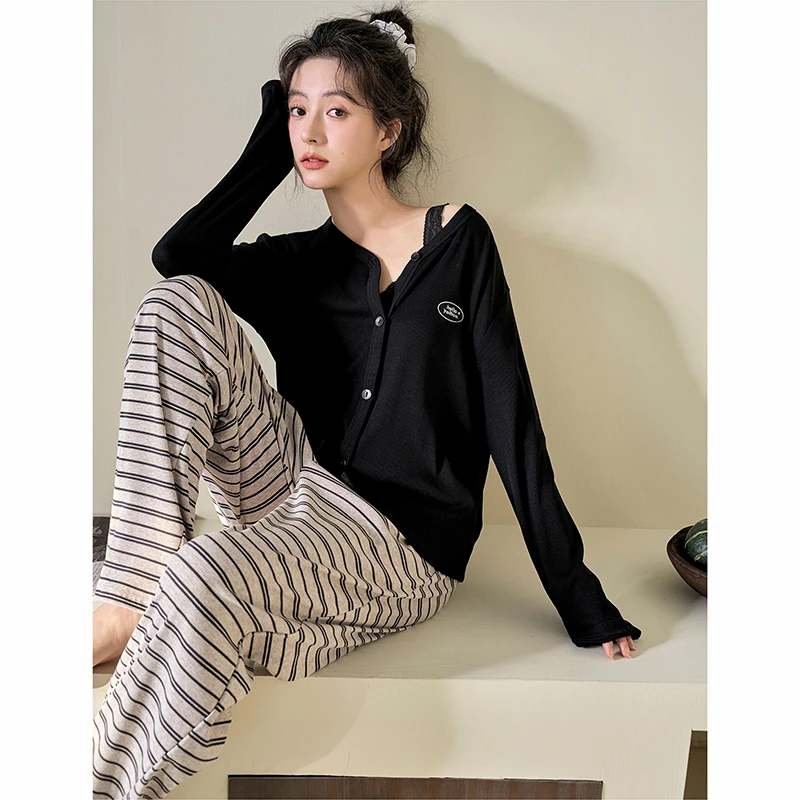 陌娇睡衣女春秋款秋季时尚简约网红风可外穿带胸垫三件套家居服