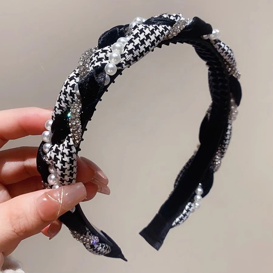 法式高级感发饰千鸟格麻花水钻珍珠发箍高颅顶显脸小头箍防滑发卡