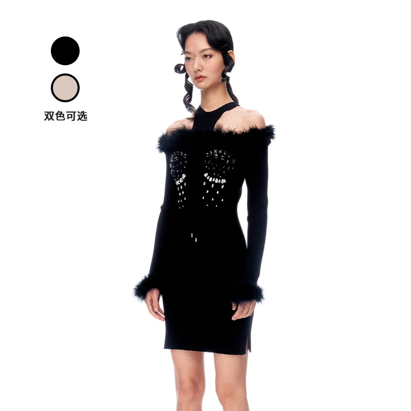 【粉丝专享】LE FAME/拉飞姆 钉钻羽毛装饰镂空针织连衣裙K194