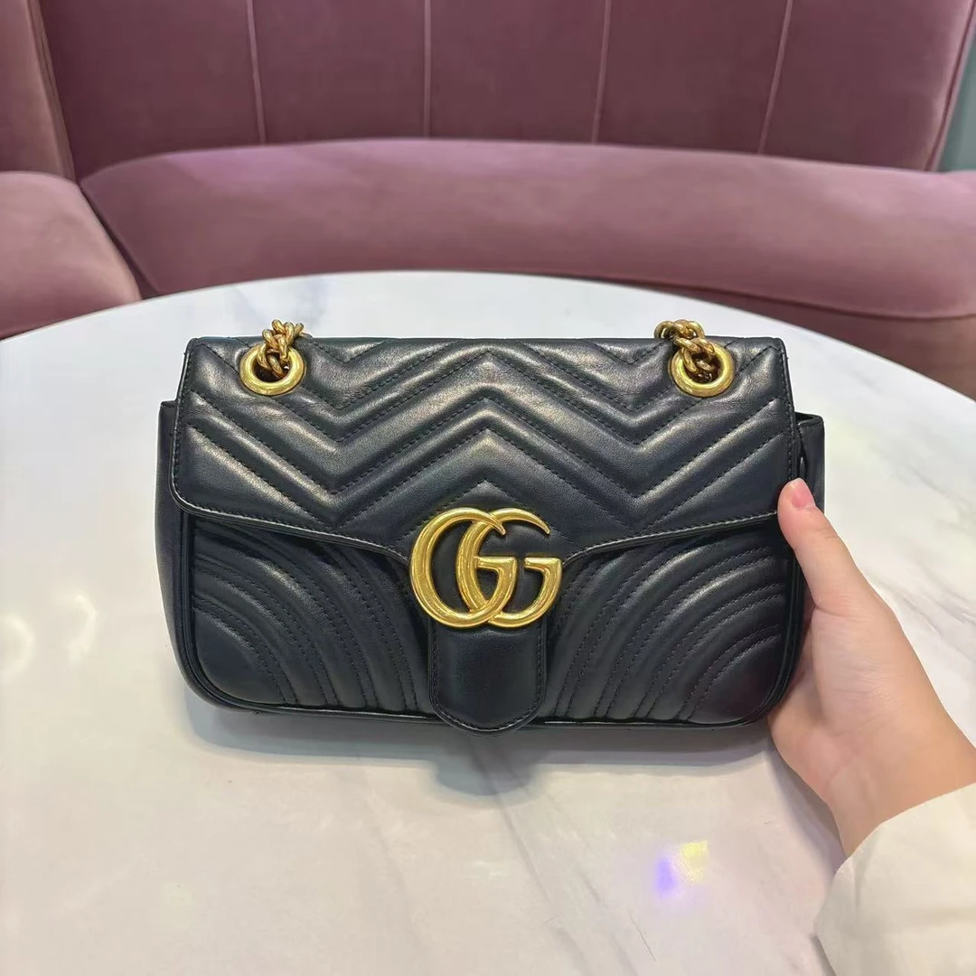 95新 GUCCI/古驰 古驰/Gucci 黑金马蒙26链条单肩斜跨包