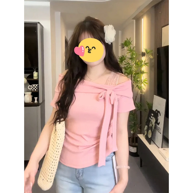 大码纯欲风一字肩短袖t恤女夏季胖mm修身显瘦设计感斜领露肩上衣