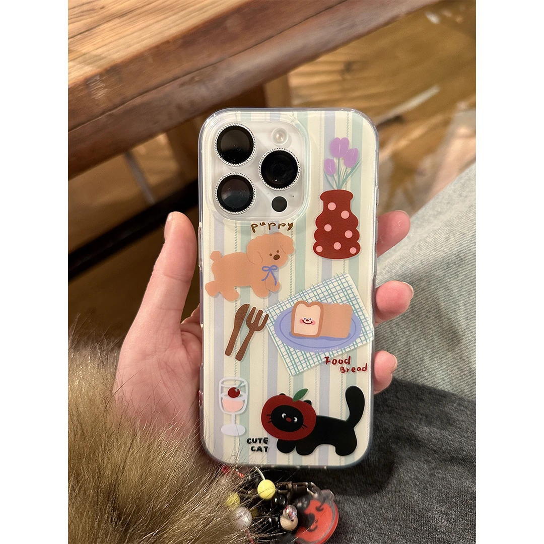 适用苹果16手机壳iPhone15/14promax可爱清新条纹猫咪狗狗保护壳