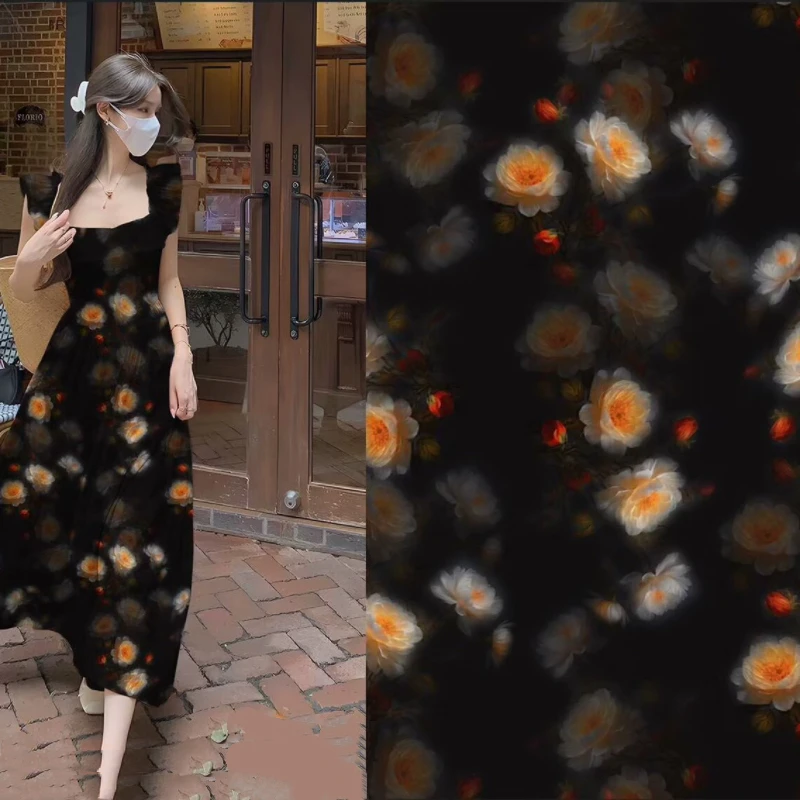 黑山茶   季新款高支5D立体印花木棉人造棉棉绸 连衣裙旗袍