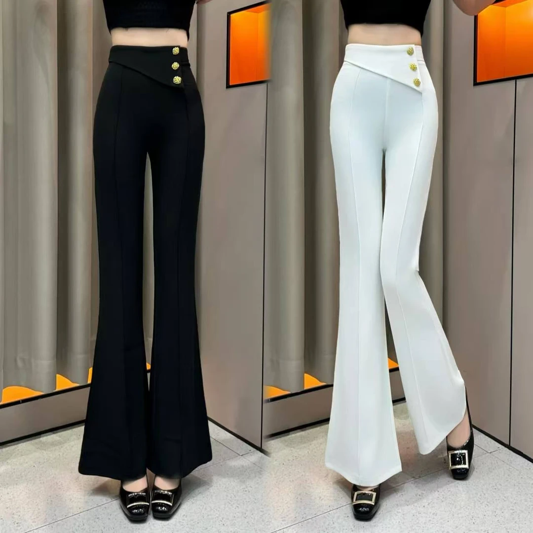 【时尚百搭】三粒扣后拉链高腰薄款喇叭裤时尚百搭修身显瘦洋气潮流