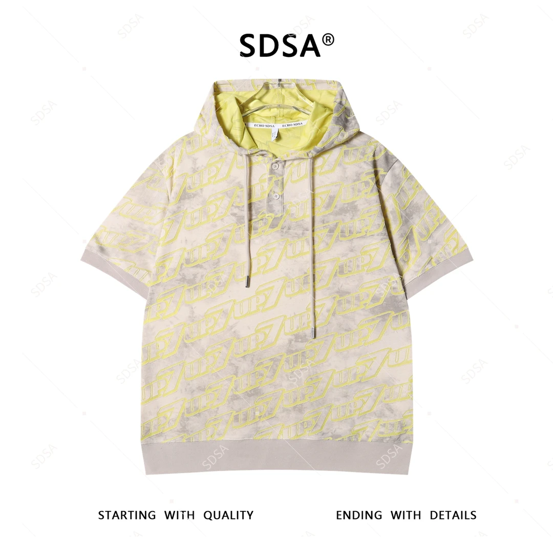 SDSA夏季新款男士痞帅潮牌割破设计半纽扣连帽短袖T恤轻奢百搭