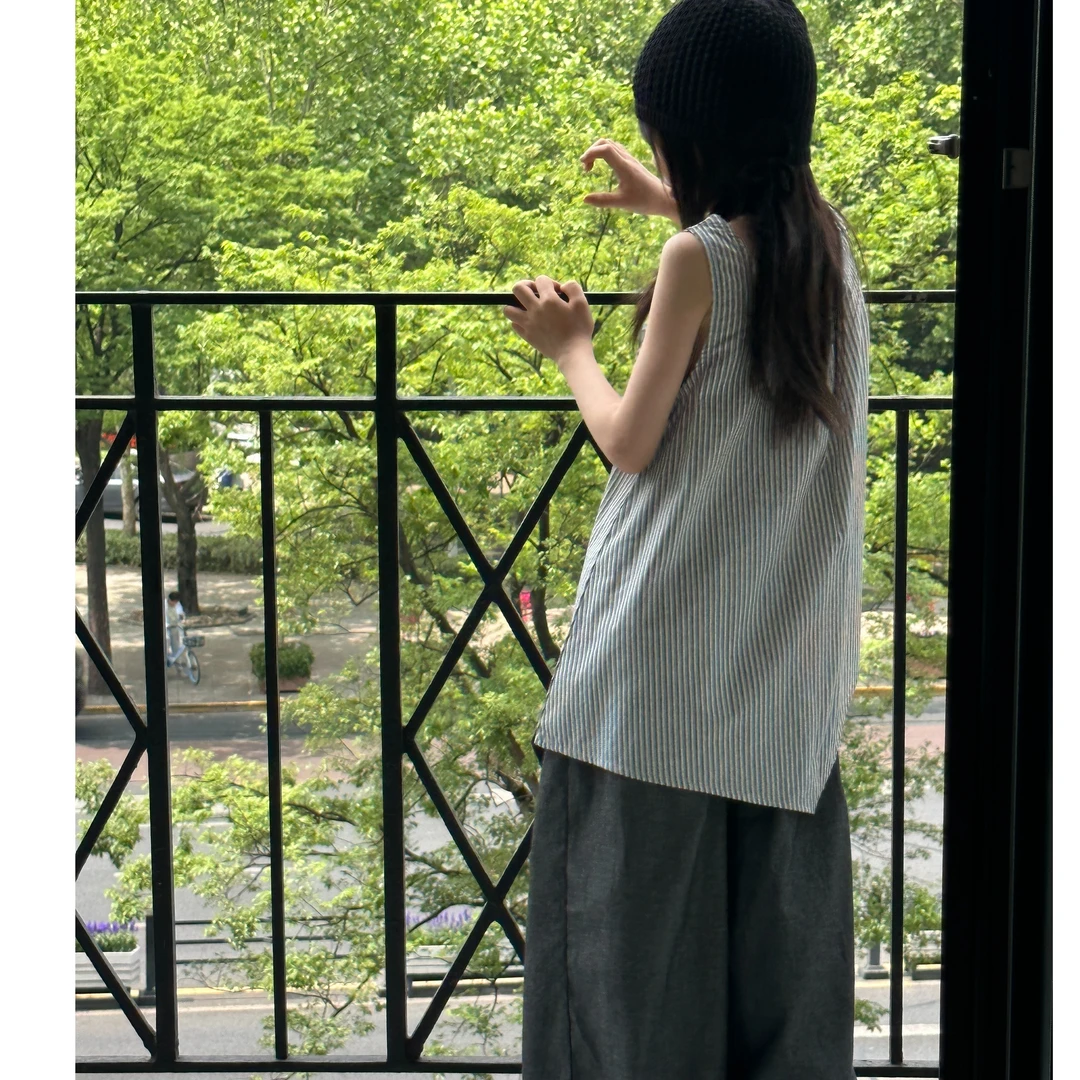 【又凪】【又凪】文艺黑白竖条纹无袖衬衫背心度假风上衣百搭阔腿裤