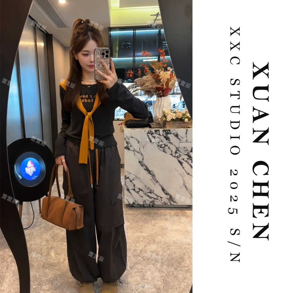 【少女仪式】秋季新款工装风两件套时尚百搭休闲裤+T恤坎肩套装8639