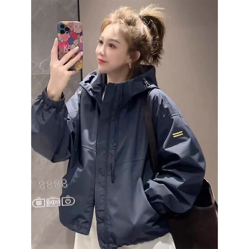 美式宽松拉链连帽纯色冲锋衣春季新款显瘦上衣外套欧货休闲女爆款