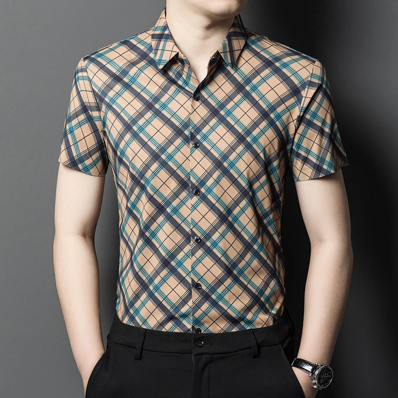 专柜正品男士无痕免烫格纹衬衫时尚休闲夏季中年薄款商务翻领短袖