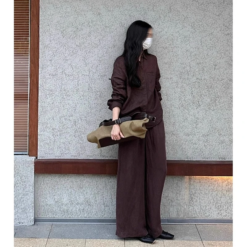 复古高级感亚麻衬衫套装女2025新款气质显白休闲衬衣阔腿裤两件套