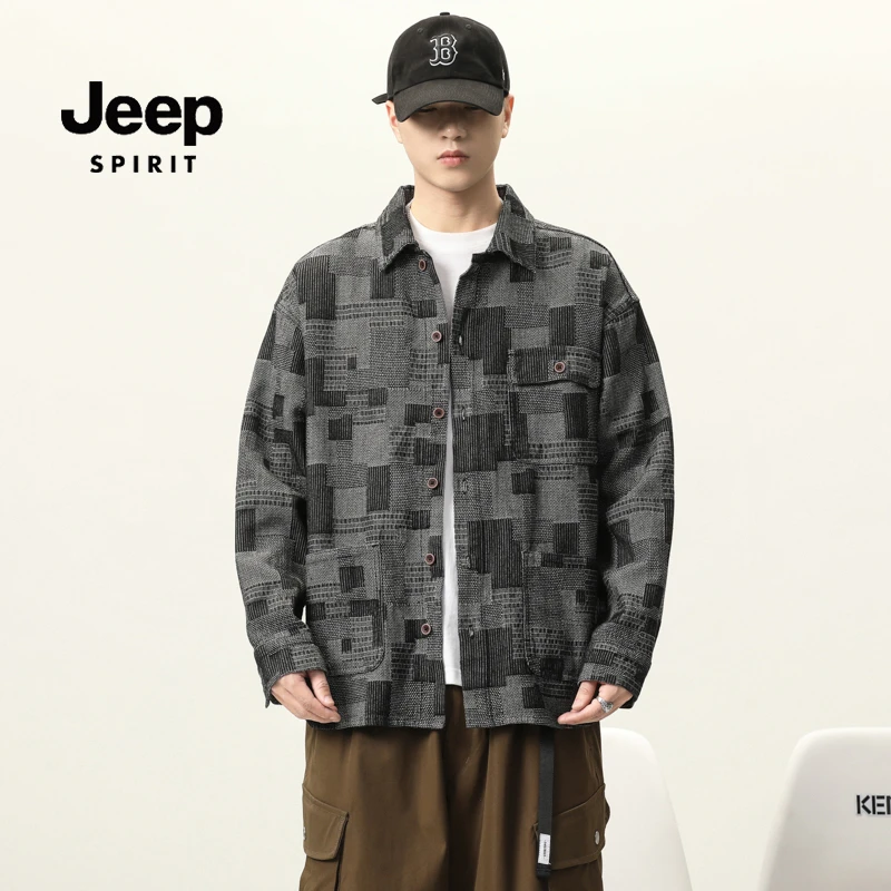 吉普宽松男士休闲长袖衬衫外套异色开衫复古衬衫秋季春秋格子长袖