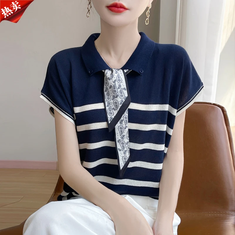 2025夏季新款条纹百搭polo领配印花丝巾针织衫薄款宽松上衣设计感