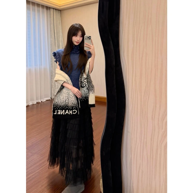 时尚设计感气质减龄无袖针织衫秋冬新款高腰百搭网纱半身裙两件套