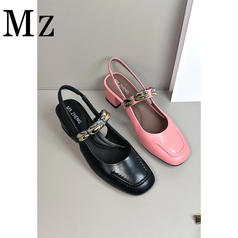 高端胎牛皮/5cm/欧若风/夏季浅口一字带玛丽珍鞋真皮粗跟红色凉鞋