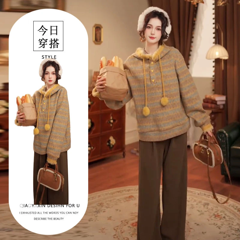 大码女装复古加厚毛边连帽卫衣长袖秋季新款胖mm宽松显瘦内搭上衣