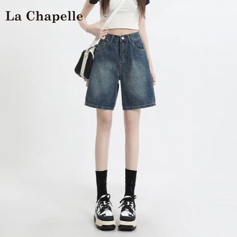 拉夏贝尔五分牛仔短裤女夏季2025新款美式设计感宽松显瘦直筒中裤