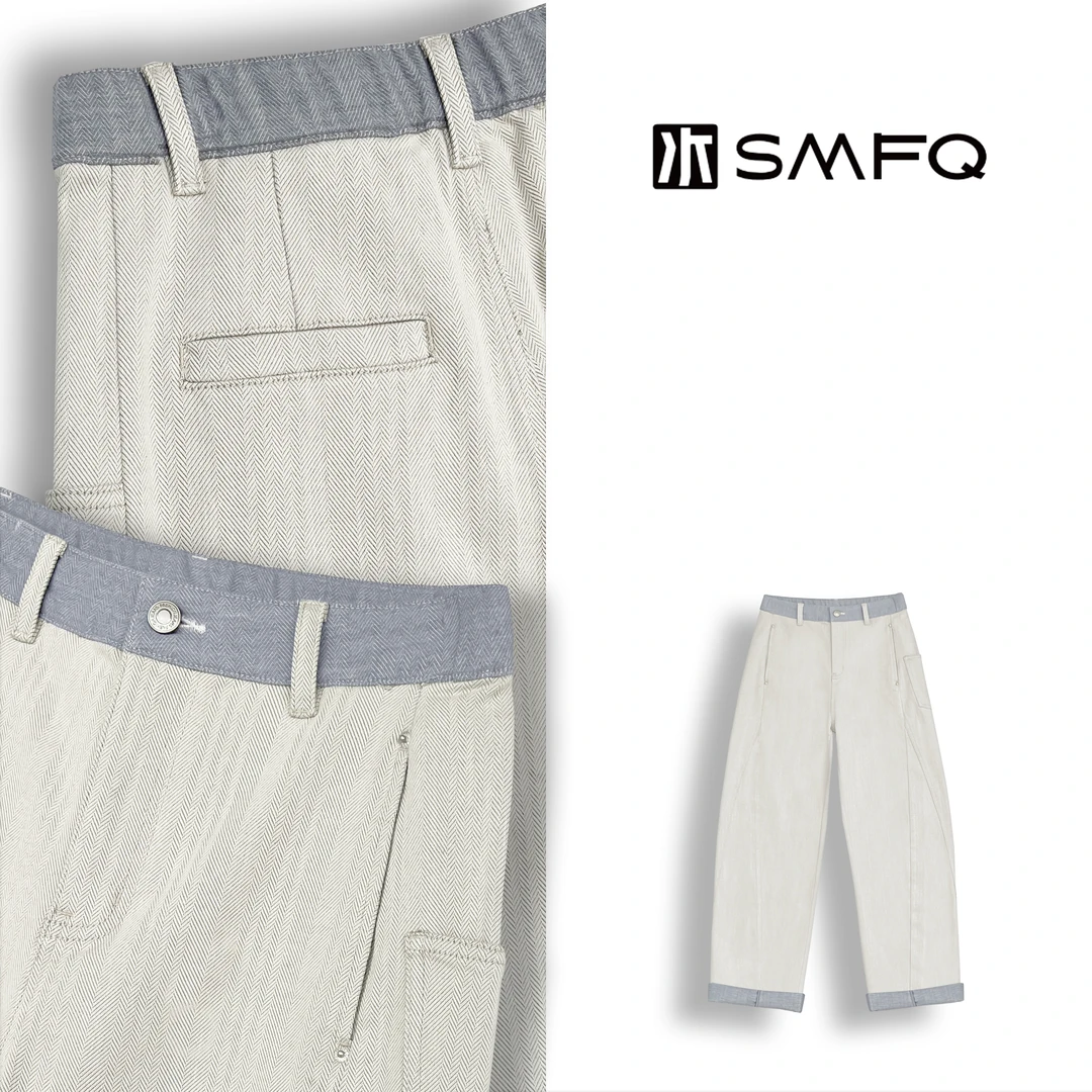 水木夫妻 ”轻风叙“天丝棉混纺人字纹撞色春夏弯刀裤长裤