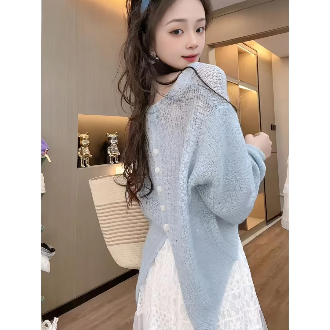 春夏新款韩版宽松设计感后纽扣开叉针织衫女薄款长袖气质减龄罩衫