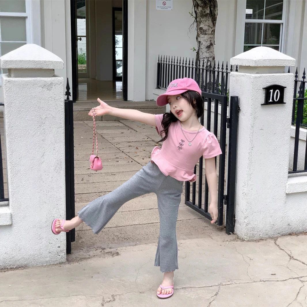女童针织套装喇叭裤夏季新款儿童弹力百搭微喇裤女宝宝可爱上衣