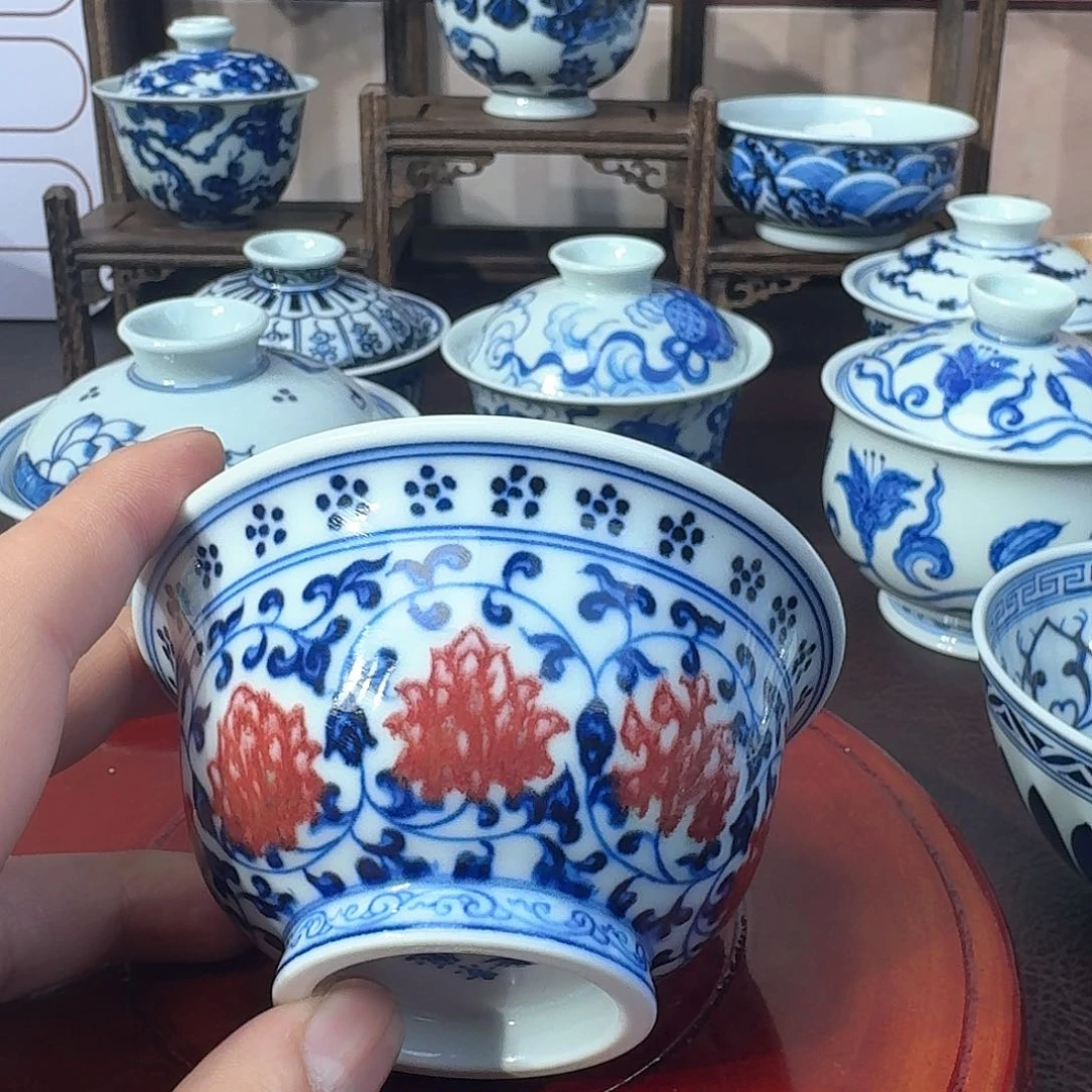 盖碗n****u纯手手绘青花釉里红缠枝莲压手杯