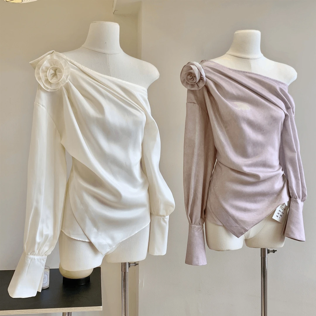 “芍药仙子”花朵衬衣,肩上生花好美呀!不规则斜襟长袖法式衬衫