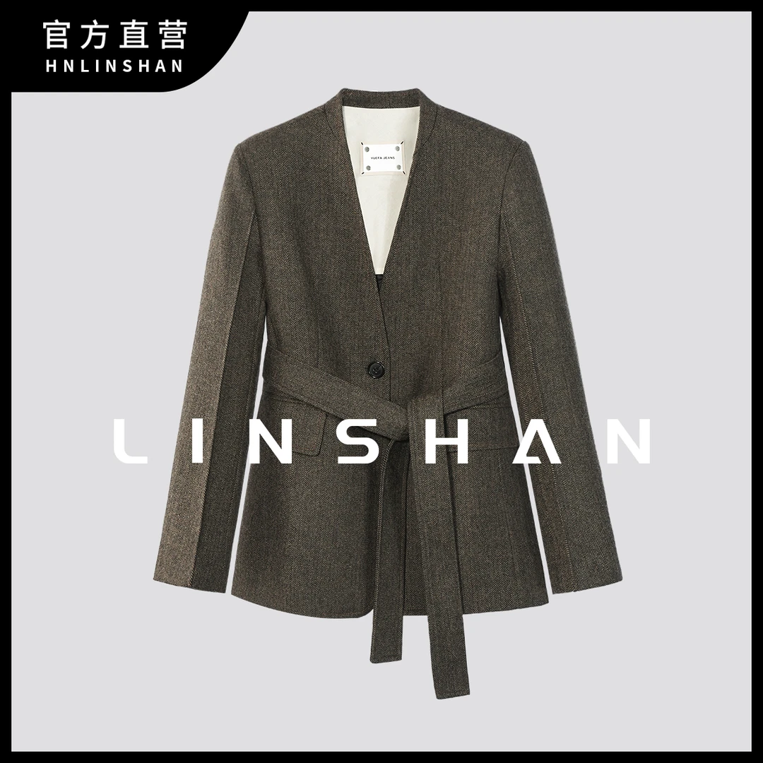 【清】【咖啡硬糖】时尚秋冬半立领干练人字纹无领外套23315605