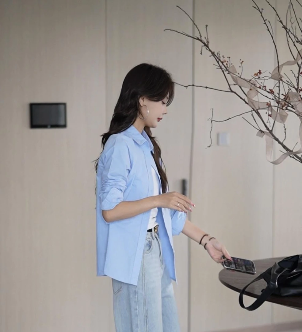 8820春季白衬衫女蓝色长袖上衣衬衣百搭休闲上衣外套透气