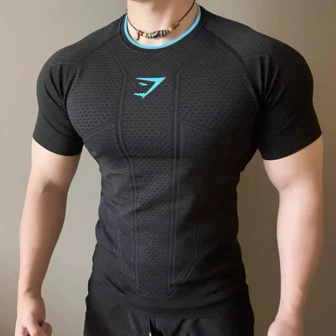 GYMSHARK ONYX 1.0超级英雄男士运动健身修身显身材无缝高弹短袖
