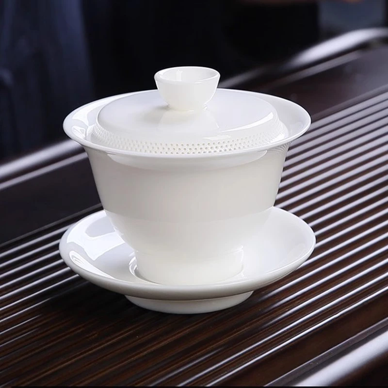 羊脂玉白瓷茶具防烫盖碗360度千孔免过滤茶杯大号家用办公室茶盘