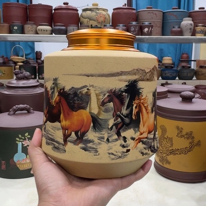 茶叶罐紫砂八骏图锡罐一斤