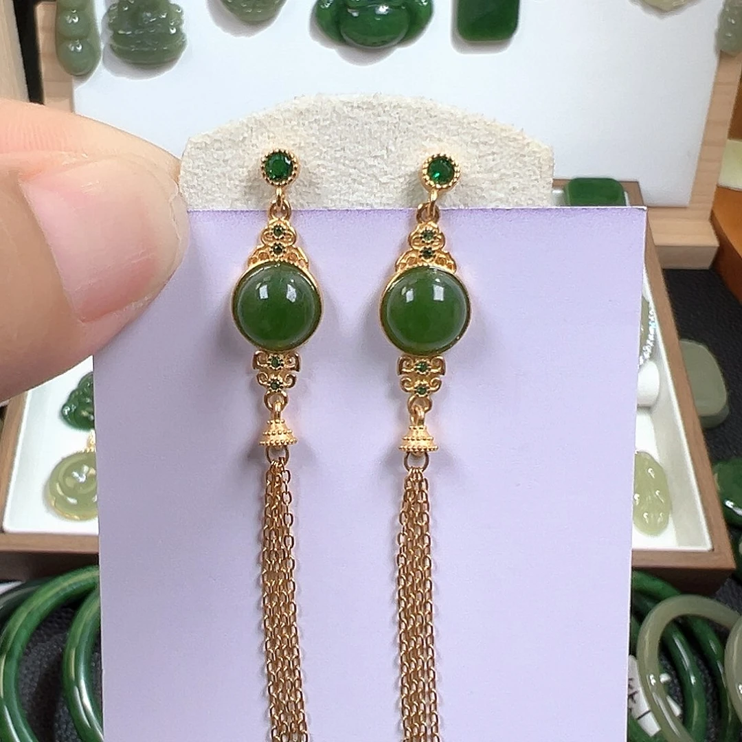 银S925镀金镶嵌和田玉（碧玉）耳饰