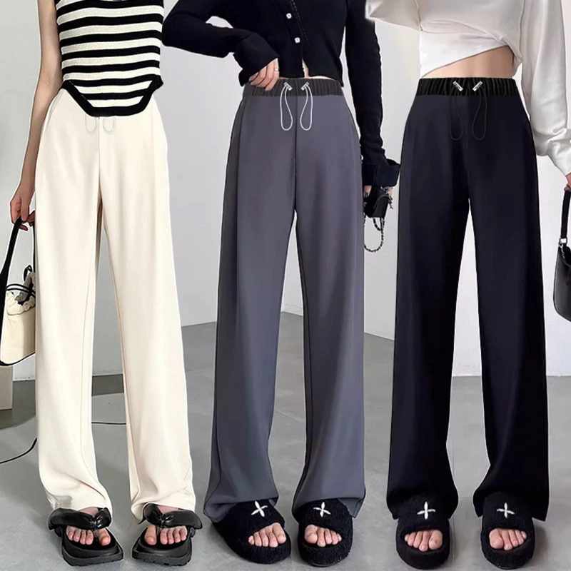 夏季孕妇阔腿裤新款冰丝抽绳纯色直筒拖地裤宽松舒适休闲裤春秋