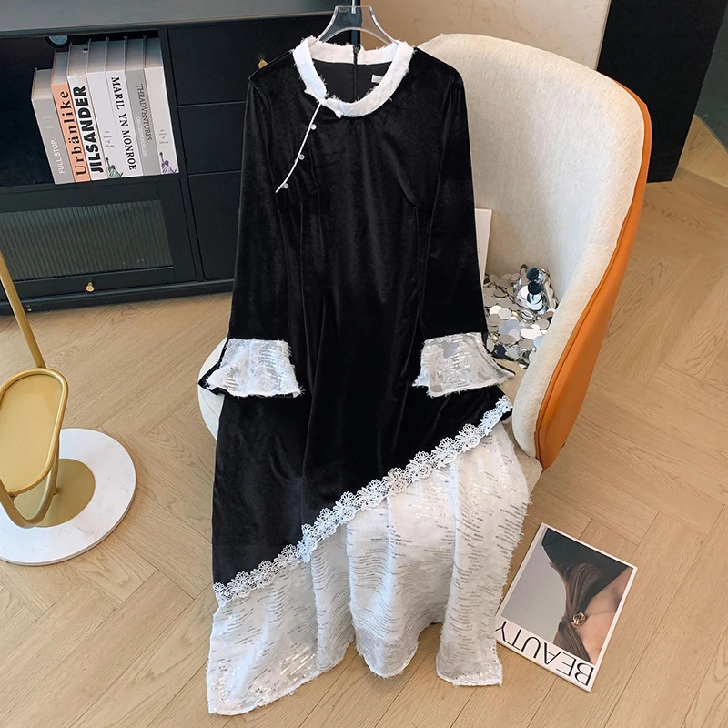 【66720】300斤大码女装胖mm秋冬国风改良旗袍高级感假两件连衣裙