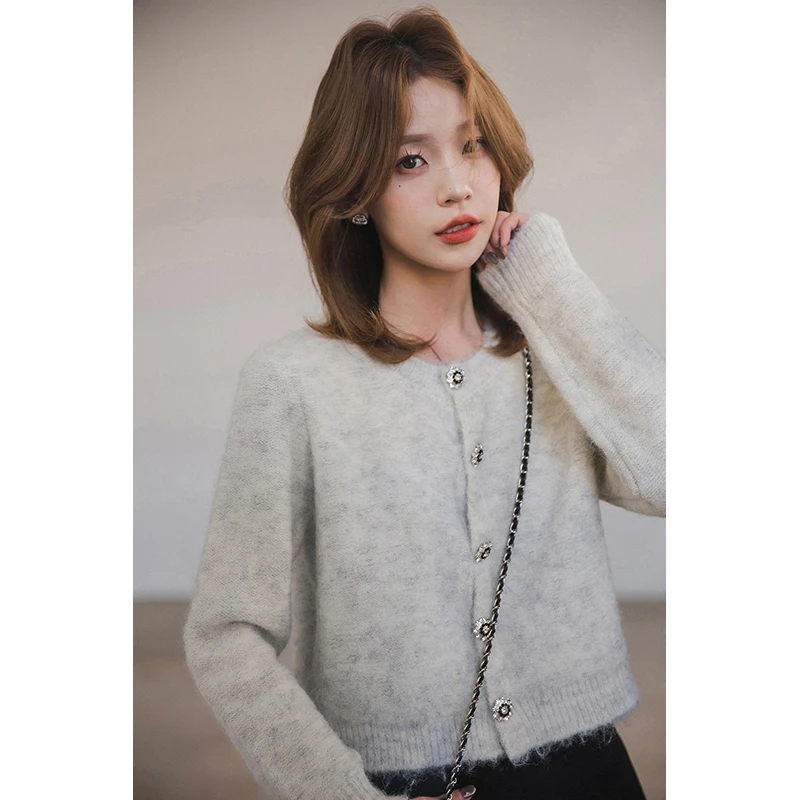 小谷粒北岛来信针织衫 女春季新款灰色高级感法式慵懒感毛衫外套