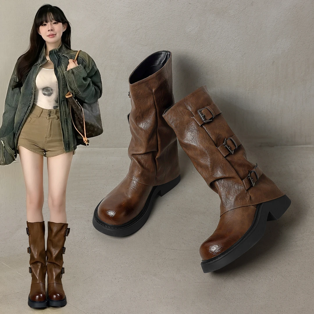 爆款2025新款西部牛仔堆堆靴骑士靴弹力靴瘦瘦靴皮带扣软皮裤管靴