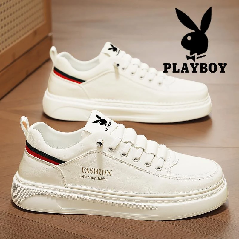 花花公子男士冬季2025新款时尚休闲皮鞋一脚蹬小白防滑耐磨板鞋