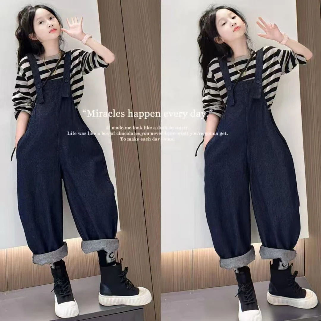 女童条纹打底T恤背带裤套装2025秋季新款中大童牛仔裤长袖两件套