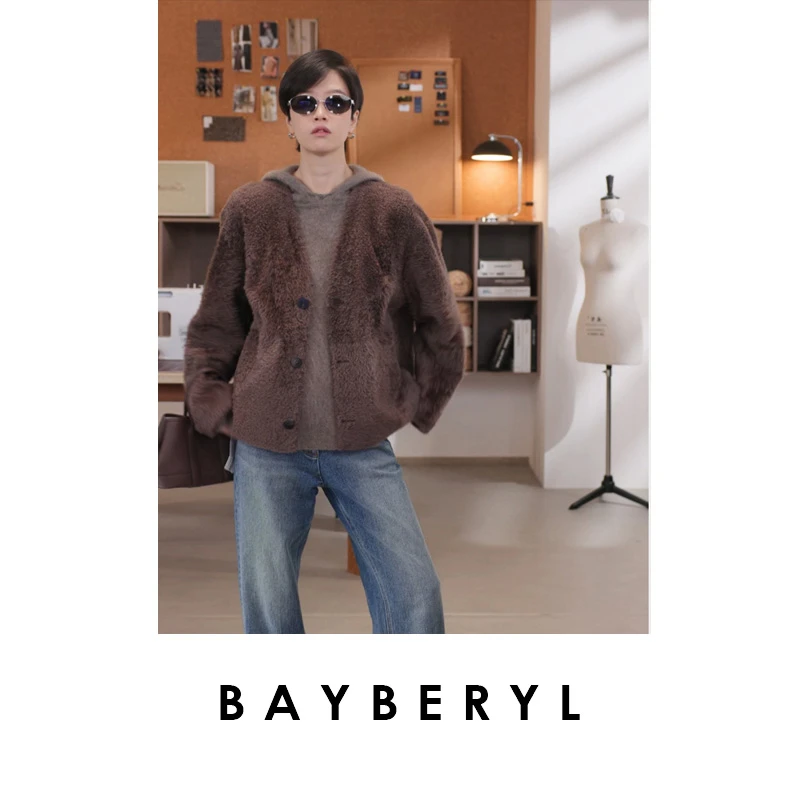 CC12-领券BAYBERYL老贝雯雯*两面穿茶褐V领一体秋皮衣PY5I1302