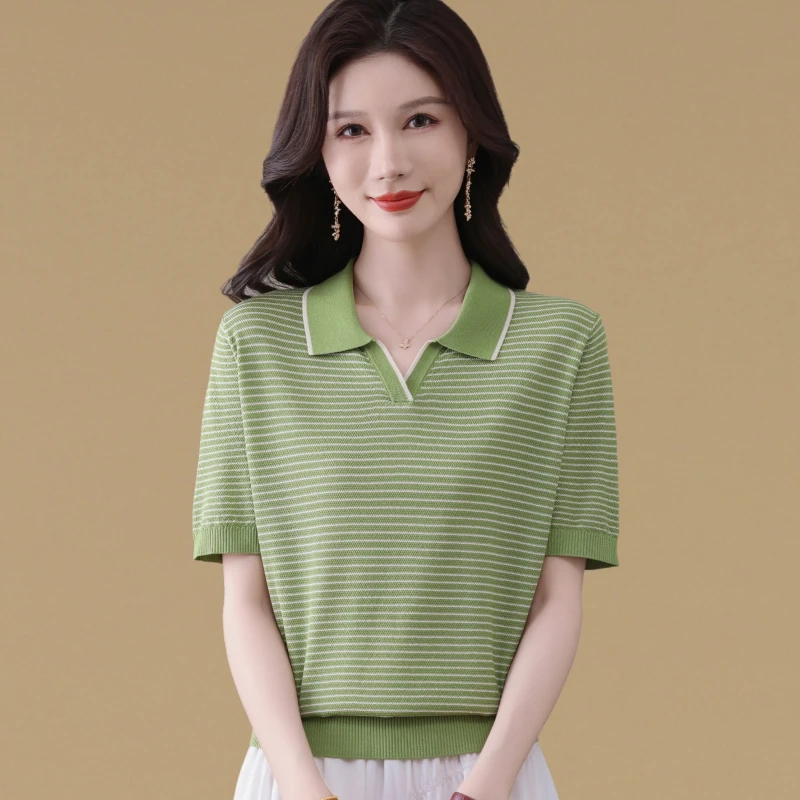 冰丝短袖女士t恤polo翻领2025夏装新款时尚宽松条纹针织上衣体桖