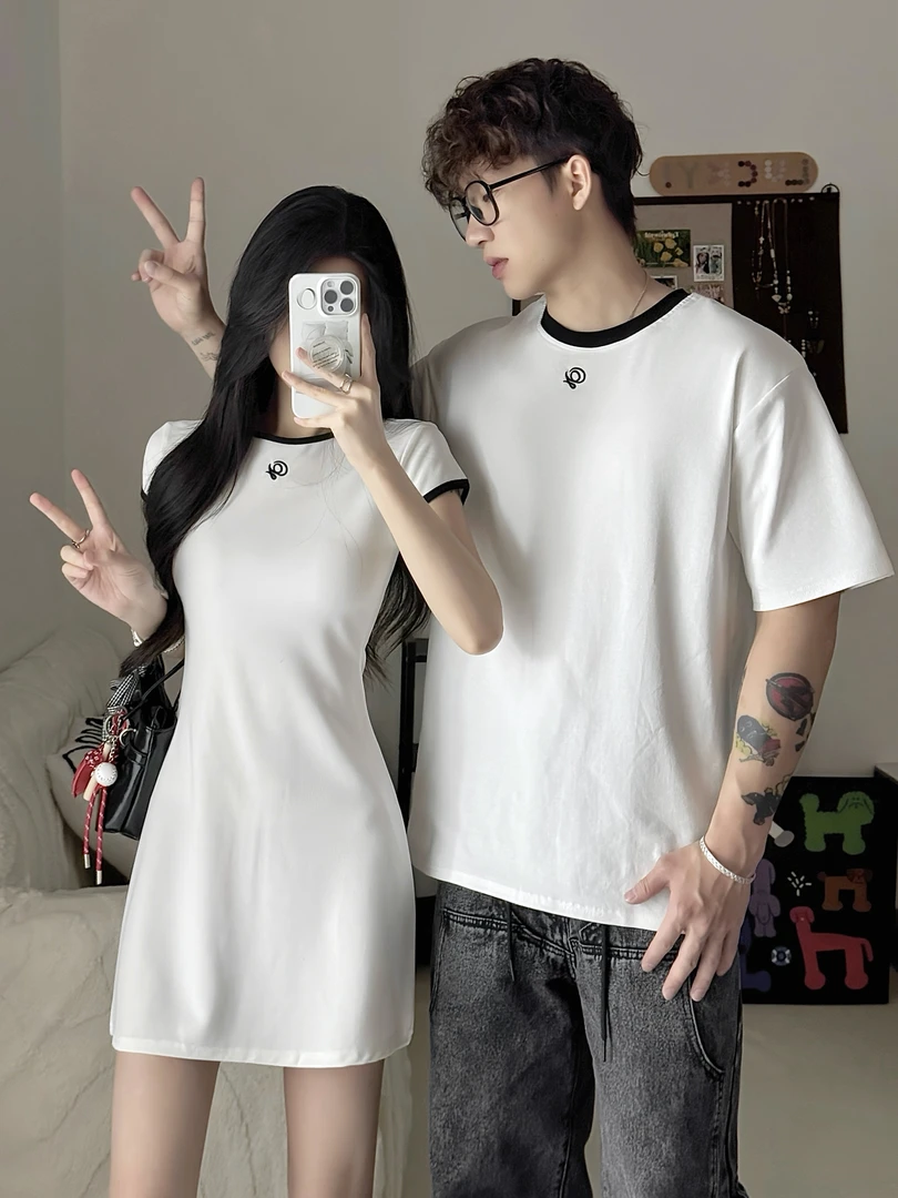 小众设计感情侣装夏季2025韩版短袖T恤女连衣裙法式一裙一衣ins潮
