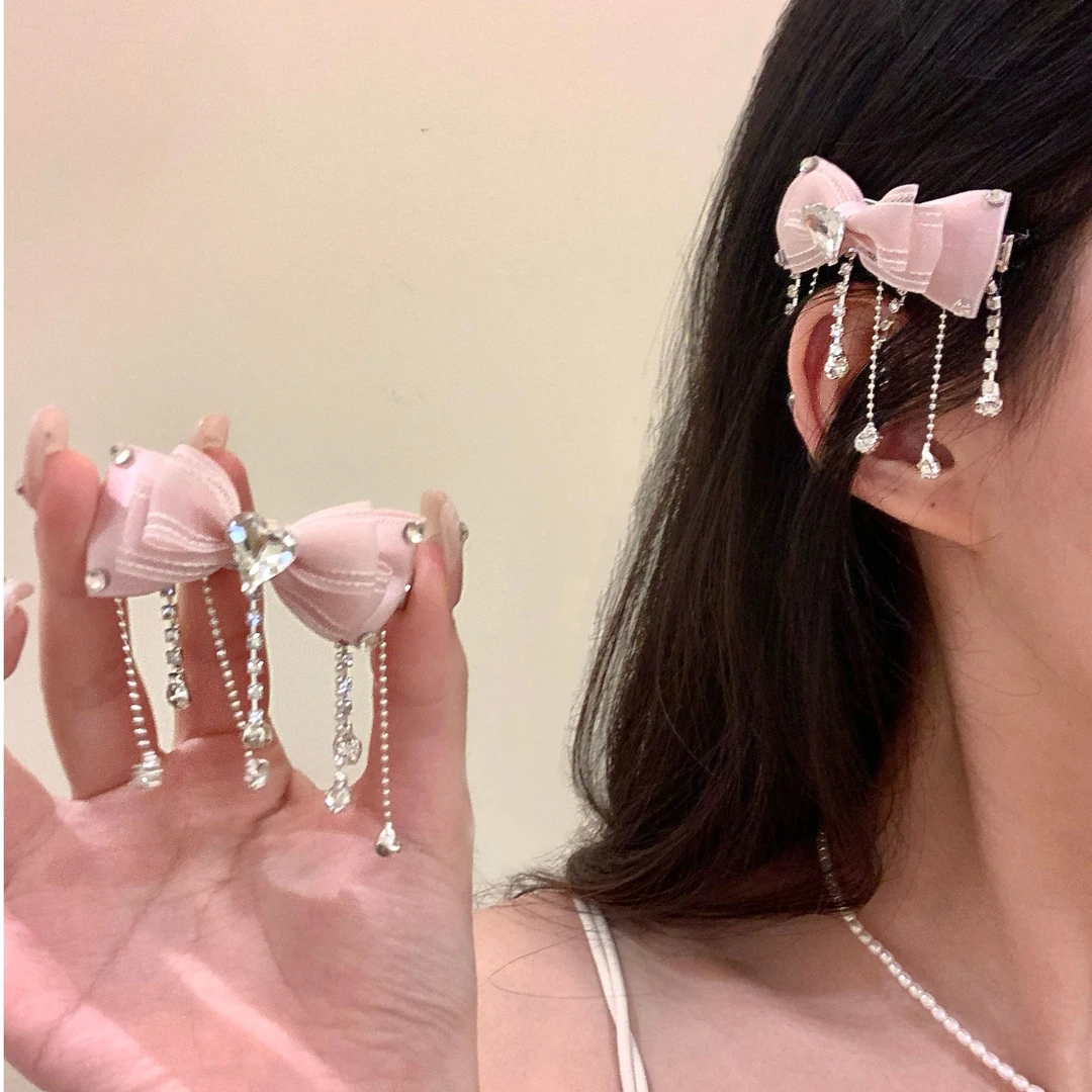 千金公主心~气质粉色蝴蝶结流苏闪钻发夹侧边刘海夹发饰超仙头饰