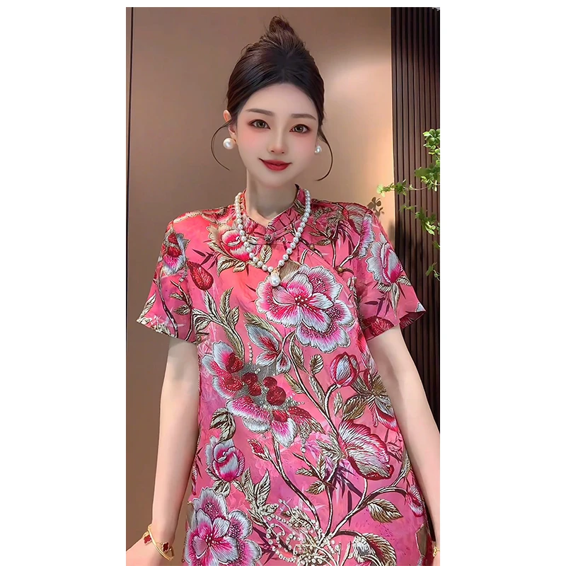 【繁花似锦】国风新中式旗袍裙人丝提花复古A字连衣裙短裙裙子女装