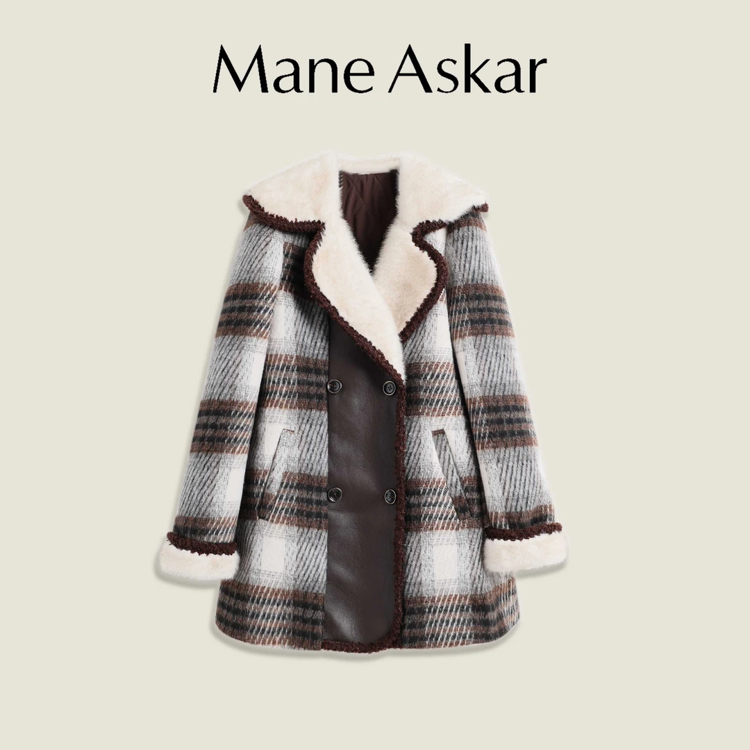 新款气质格子翻领双排扣大衣外套女装OK7186